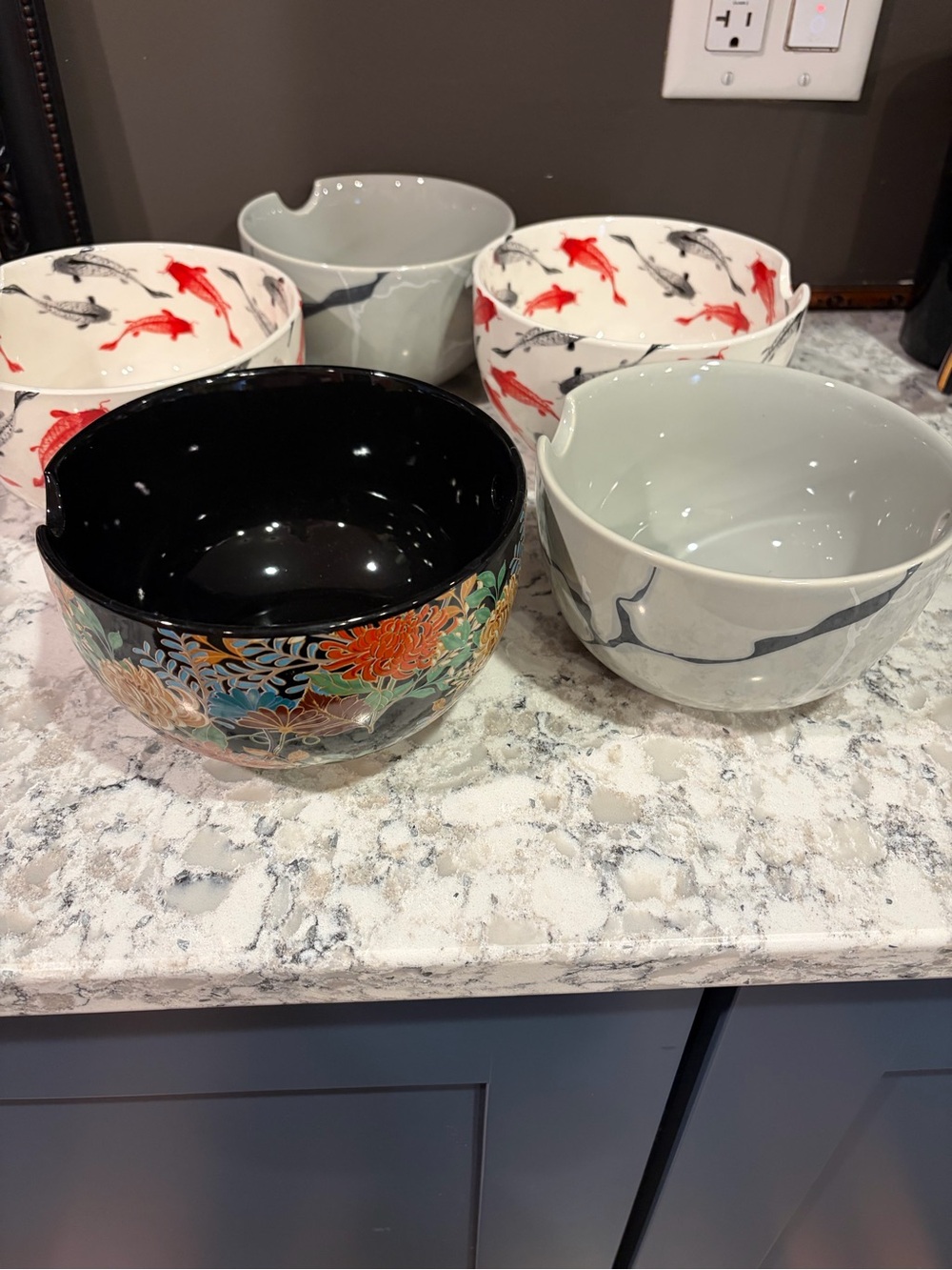 Decorative Ceramic Bowls Set - Black Floral and White Koi Designs